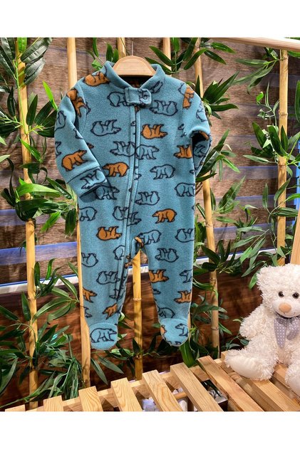 Winter Seasonal Fleece Baby Jumpsuit with Zippered Booties Brown Green Bear