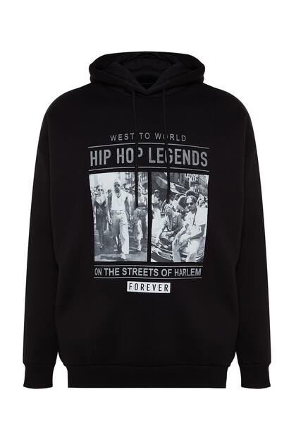 Trendyolmilla Man Siyah Erkek Oversize/Geniş Kesim Kapüşonlu Rap