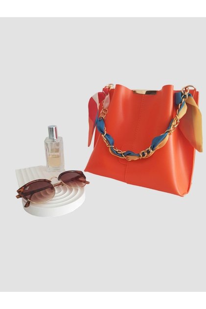 Crocos Women's Orange Scarf Soft Faux Leather Bag with Chain Accessories