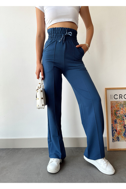 Women's Navy Blue High Waist Wide Waistband Wide Leg Sweatpants