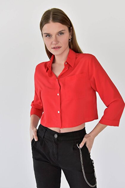 Addax Kadın Kırmızı Tek Cepli Gömlek G11892 - Z3 ADX-0000021550 - 3