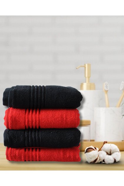 (4 Pcs) Belda Cotton Hand and Face Towel 50X90 cm Red Black