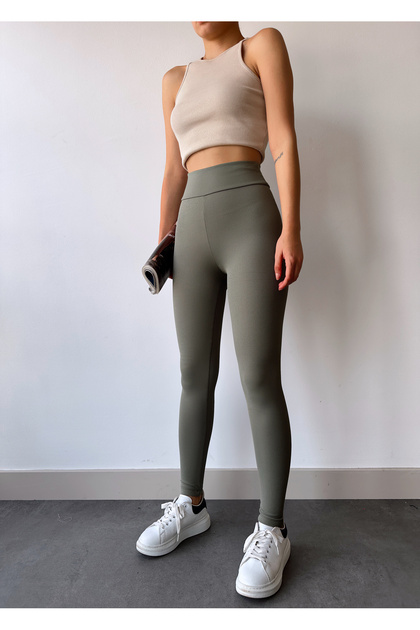 Women's Khaki Cotton Lined High Waist Ribbed Tummy Control Leggings