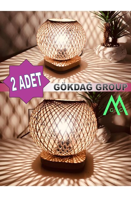 2 Lİ Doğal Ağaç Abajur Jüt Hasır Başlık Lambader Aydınlatma