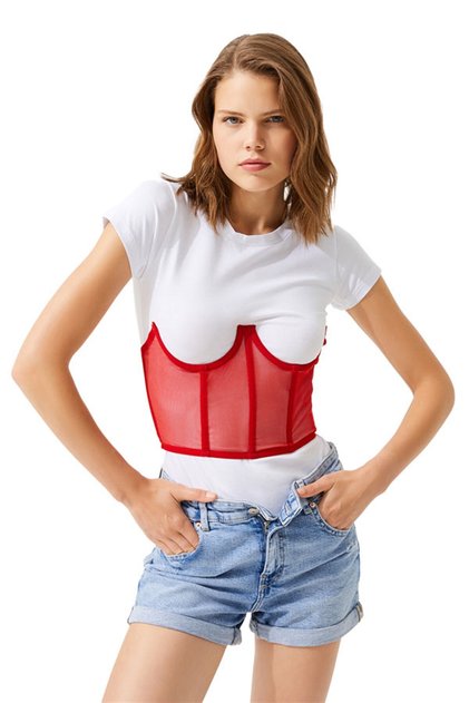 تول أحمر مفصل شفاف Underwire بوستير المرأة