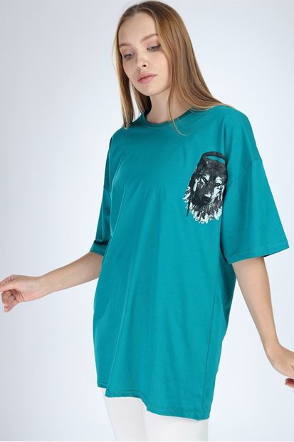 Millionaire Kadın Petrol Yeşili Kurt Baskılı Oversize T-shirt - K20014 - 2
