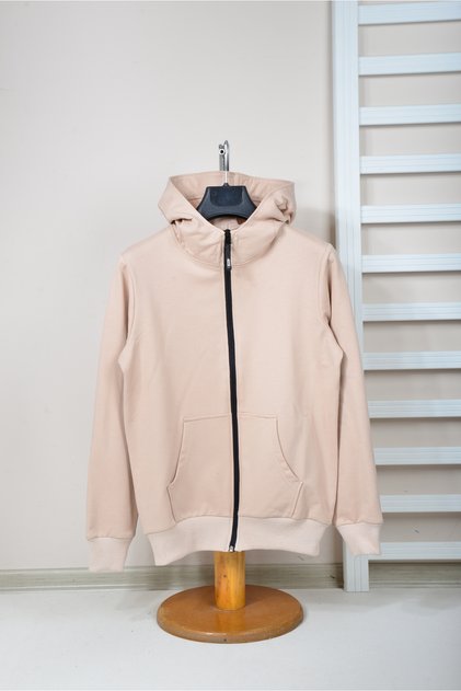 UNISEX CHILDREN BEIGE ZIPPERED HOODED 2 STRING COMBED CARDIGAN 4-SEASONS