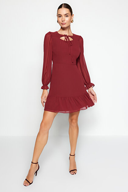 Trendyol Collection Winter Burgundy Collar Chiffon Dress - Lined,  Twoaw23El01087- Trendyol