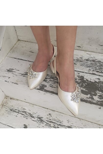 LİNEER Women's Pearl Off-White cm Heeled Stoned Ballerina - Main Image