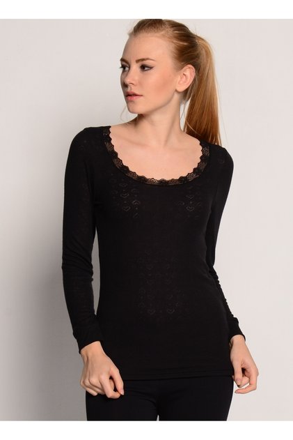 Round Neck Plain Black Women's Athlete 1268 Thermal