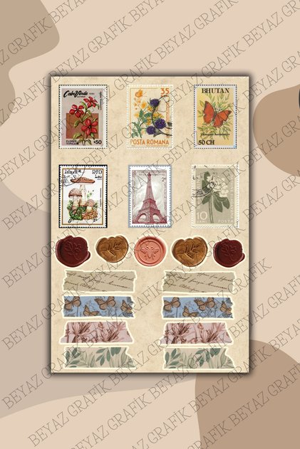 Vintage Pul Mühür Bant Temalı Ajanda Defter Bullet Journal Sticker