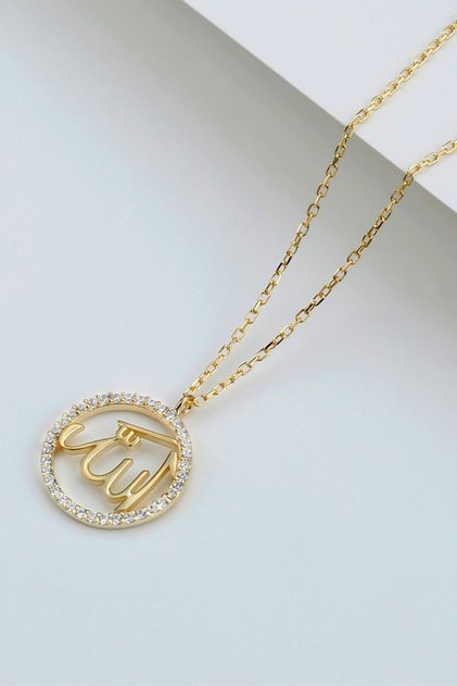 925 Ayar Gümüş Allah Yazılı Taşlı Gold Kolye