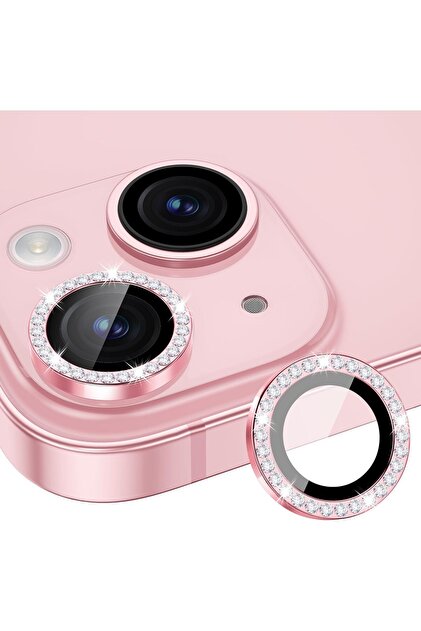 EDELFU iPhone 15 / iPhone 15 Plus Pembe Taşlı Kamera Lens Koruyucu