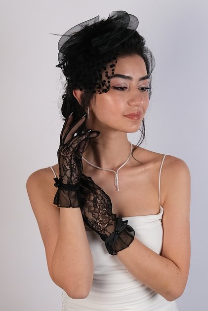 Wedding Wedding Product Black Polka Dot Costume Cap and Ribbon Detailed Costume Gloves