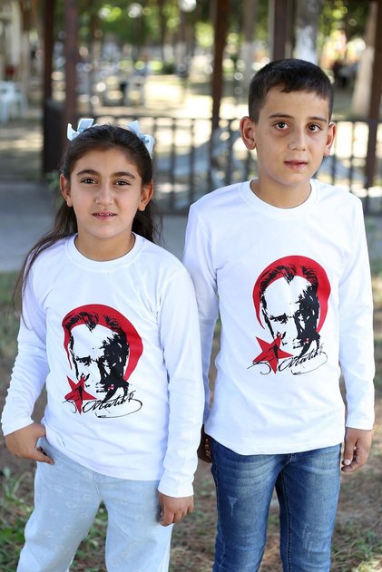 Long Sleeve Cotton Unisex Children's T-Shirt with Ataturk Print and Turkish Flag