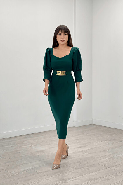 giyimmasal Crepe Fabric Heart Collar Pencil Dress - EMERAL GREEN- Trendyol