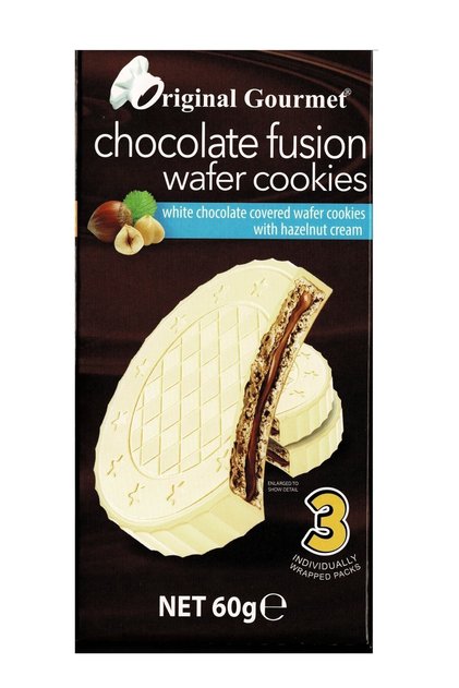 Original Gourmet Chocolate Fusion Wafer Cookie, Beyaz Çikolatalı Fındık Kremalı Gofret 60 Gr
