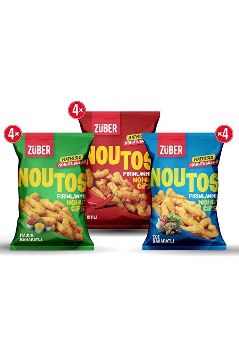 Züber Noutos Nohut Cipsi Atıştırmalık Deneme Paketi 55g x 12 Adet (Kajun, Chili, Ege Baharatlı)