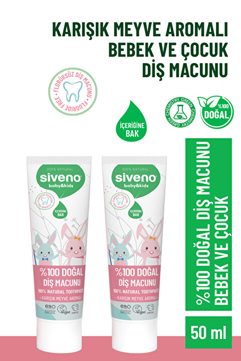Siveno %100 Doğal Florürsüz Karışık Meyve Aromalı Bebek ve Çocuk İçin Diş Macunu 50 ml X2 Adet