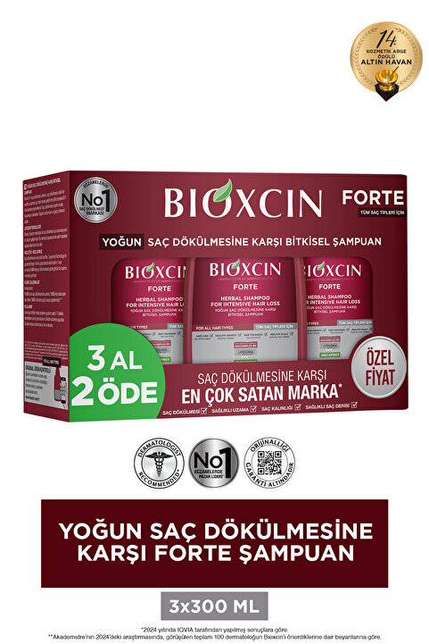 Bioxcin Forte Şampuan Tüm Saç Tipleri Için 3x300ml - Yoğun Dökülme Şampuanı Avantajlı Paket