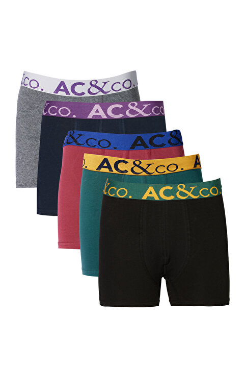 AC&Co / Altınyıldız Classics Erkek Premium Pamuklu Çok Renkli Esnek Desensiz 5'li Boxer Paketi (Damat Bohçası) Çeyiz Seti