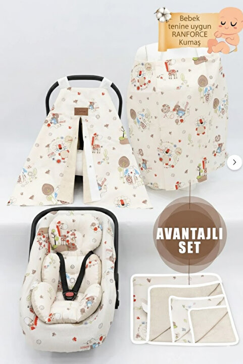 mordesign Ortopedik Bebek Puset Minderi, Örtü, Çarşaf, Bebek Pikesi, Emzirme Önlüğü, 5'li Set, Animal Serisi