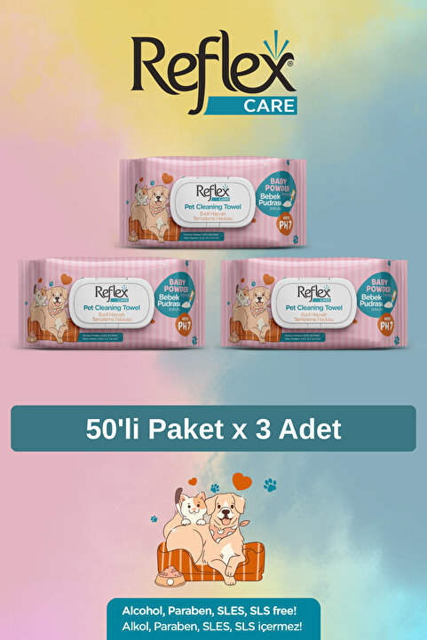 Reflex Care Evcil Hayvanlar İçin Çok Amaçlı Hijyenik Temizleme Mendili 50'li x 3 Adet