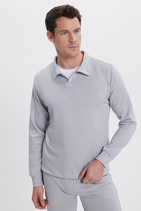 Tudors Erkek Relax Fit Rahat Kesim Polo V Yaka Gri Sweatshirt