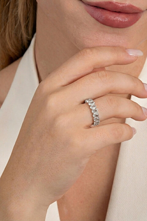 Söğütlü Silver Gümüş rodyumlu oval baget kesim zirkon taşlı tamtur yüzük SGTL12218RODAJ