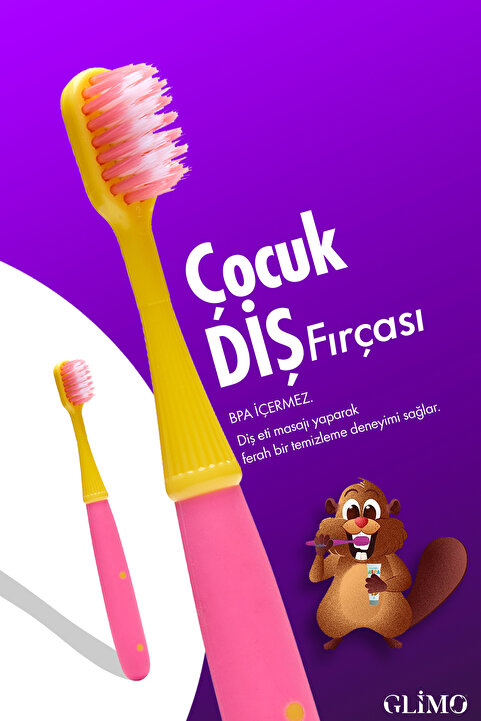 Glimo Kids Çocuk Diş Fırçası | Diş Eti Dostu Yumuşak Kıl, Eğlenceli Tasarım |çocuklara Özel,pembe
