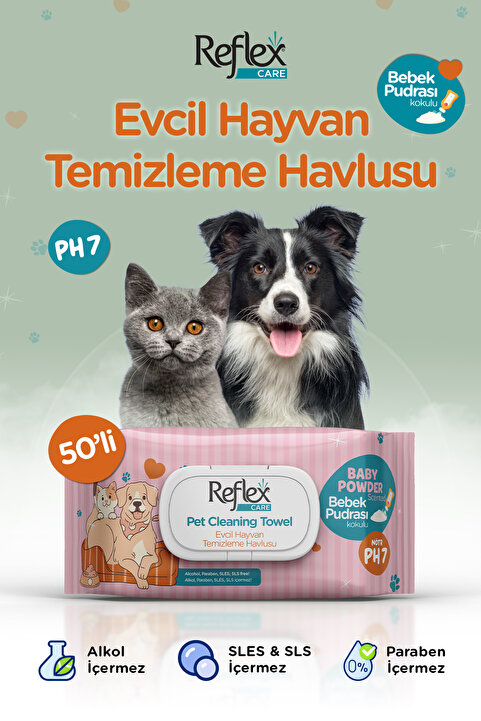 Reflex Care Evcil Hayvanlar için Çok Amaçlı Temizleme Havlusu 50'li - Bebek Pudrası Kokulu
