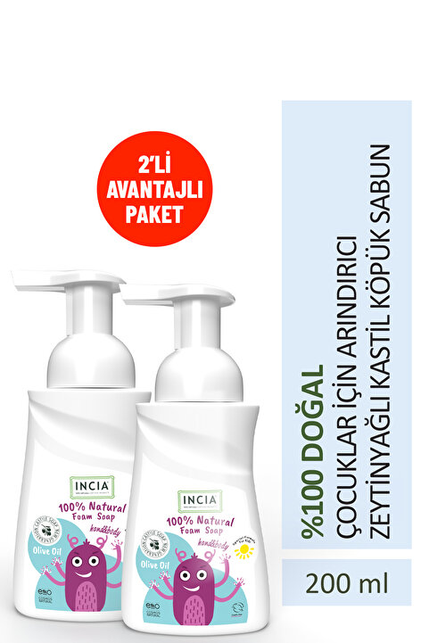 INCIA %100 Doğal Köpük Kastil Sabunu Çocuklar Için Zeytinyağlı 10 Bitkisel Değerli Yağ 200 ml 2 X Adet