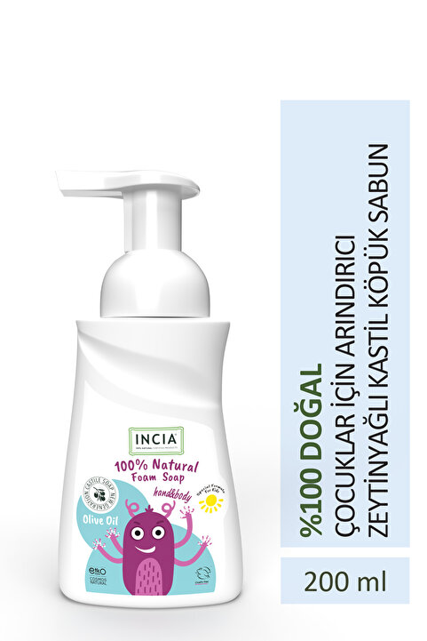 INCIA %100 Doğal Köpük Kastil Sabunu-çocuklar Için Zeytinyağlı 10 Bitkisel Değerli Yağ Vegan 200 ml
