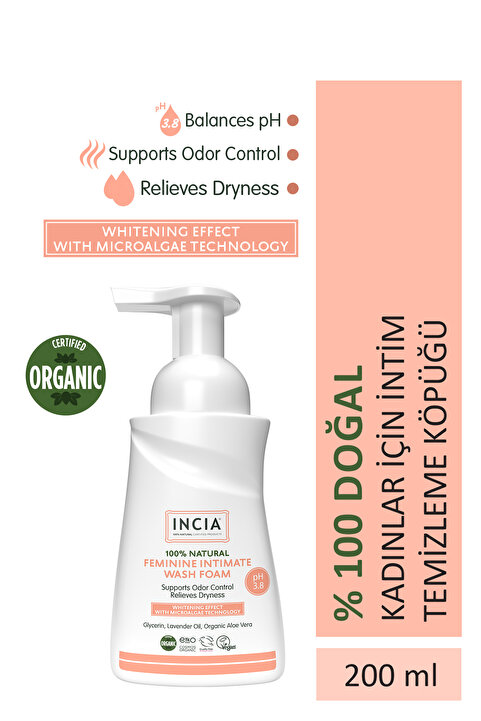 INCIA %100 Doğal İntim Yıkama Köpüğü pH 3.8 Beyazlatma Etkili ve Koku Önleyici Vegan 200 ml