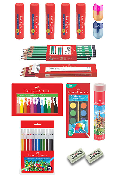 Faber Castell 15 Parça Okul Öğrenci Seti,Boyama Seti,Yazı Seti,Stick Yapıştırıcı,Silgi,Kalemtıraş Donanımlı Set