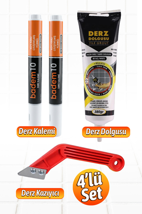 Badem10 (4'LÜ SET) Fayans Arası Beyaz Hazır Derz Dolgusu + Temizleyici Kazıyıcı + 2'li Derz Boyama Kalemi