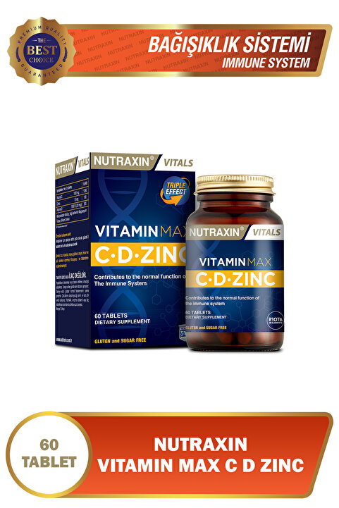 Nutraxin Vitamin Max C-D-Zinc 60 Tablet | 1000 mg C Vitamini + 1000 IU D3 + 10 mg Çinko