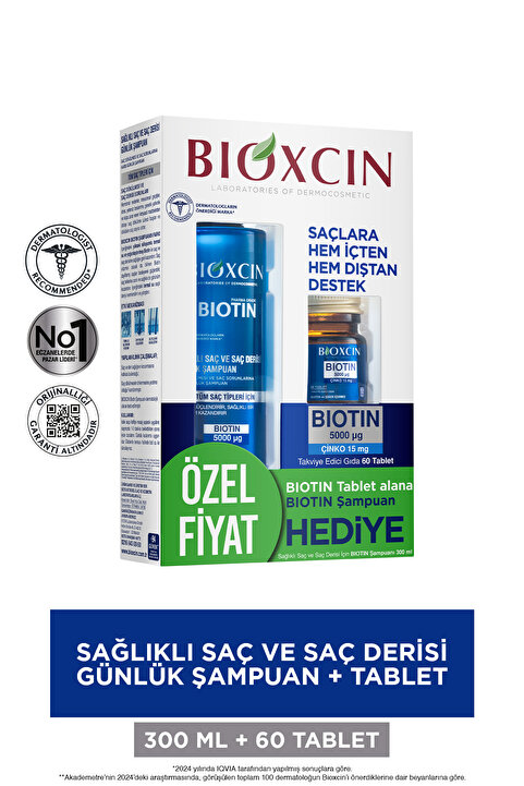 Bioxcin Biotin Saç Bakım Seti – Dökülme Karşıtı Şampuan 300 ml + Biotin Tablet 60’lı – Saç Sağlığı İçin
