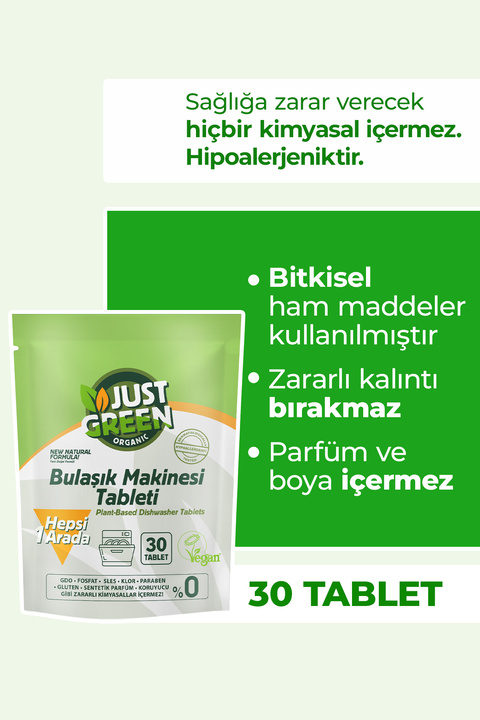 Just Green Organic Bitkisel Bulaşık Makinesi Tableti - %100 Bitkisel - Doğal Ve Güçlü Temizlik (30 TABLET) Yerli Üretim
