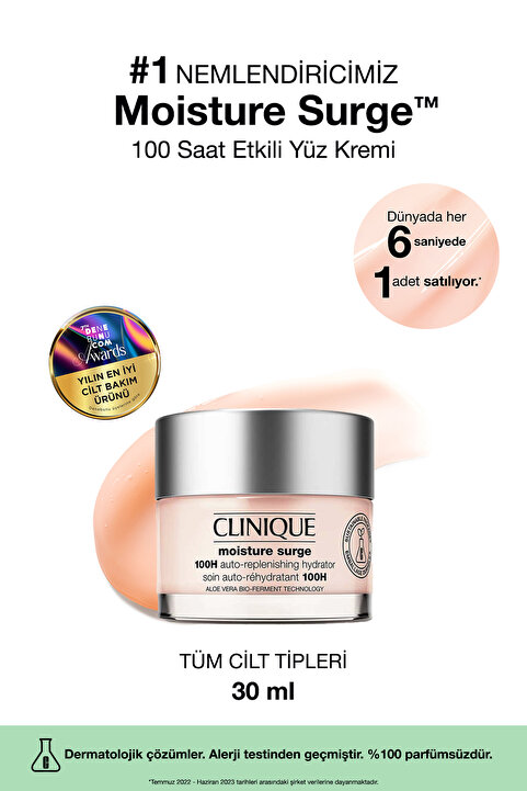 Clinique Moisture Surge™ 100 Saat Etkili Nemlendirici Yüz Kremi 30ml | Aloe Vera Bioferment, Hyalüronik Asit