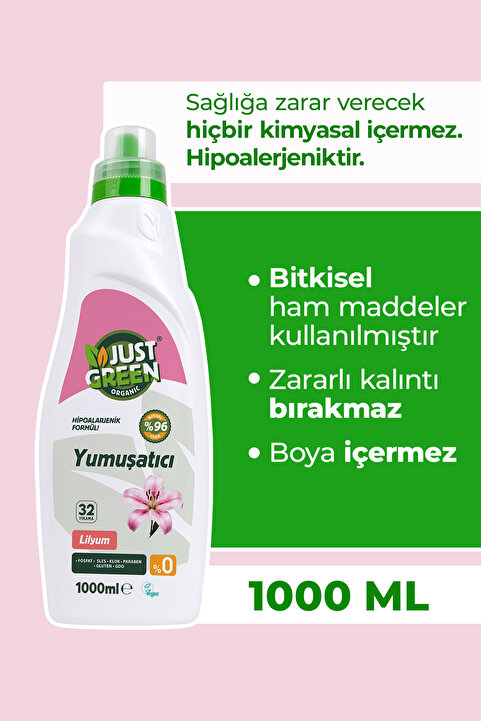 Just Green Organic Bitkisel Çamaşır Yumuşatıcı Lilyum Çiçeği - %100 Doğal Ve Ferahlatıcı Yumuşaklık (1000 ML) 32 Yıkama