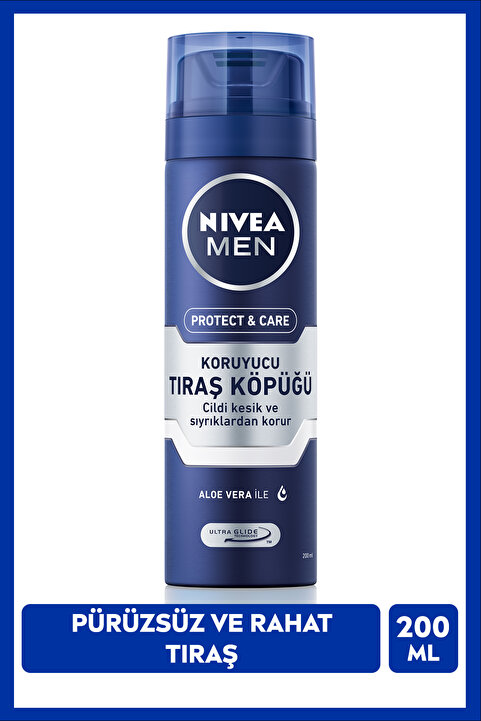 NIVEA Men Erkek Tıraş Köpüğü Protect&care 200ml, Aloe Vera, Pürüzsüz Tıraş, Cildi Kesiklerden Korur