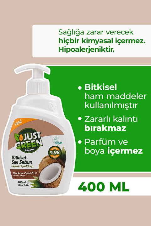 Just Green Organic Bitkisel Sıvı El Sabunu, Hindistan Cevizi Özlü - %100 Doğal Temizlik 400 Ml.