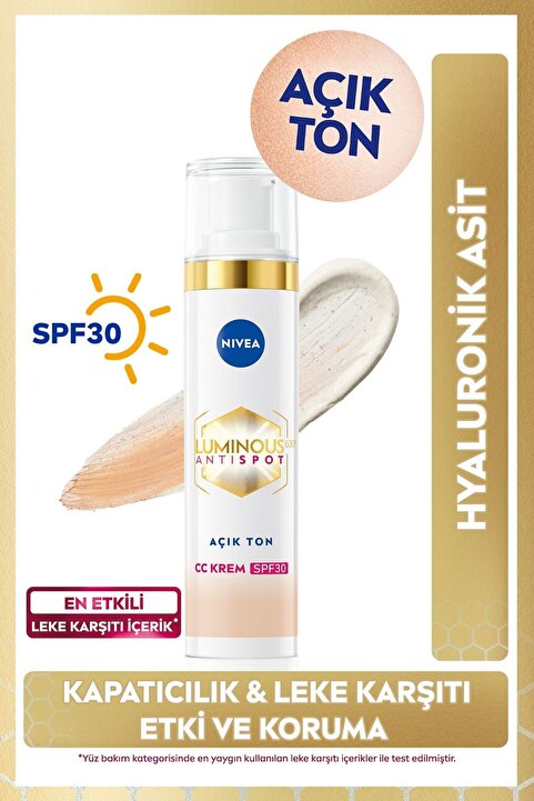NIVEA Luminous630 Koyu Leke Karşıtı CC Yüz Kremi 40ml, SPF30 Güneş Koruyucu, Hyaluronik Asit, Açık Ton