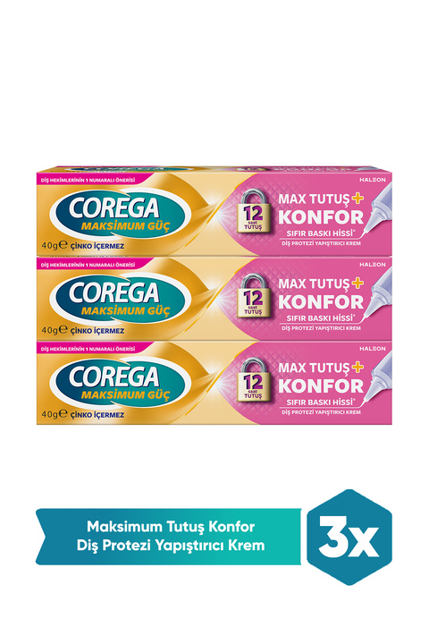 Corega Maksimum Tutuş & Konfor Diş Protezi Yapıştırıcı Krem 40g x 3 Adet