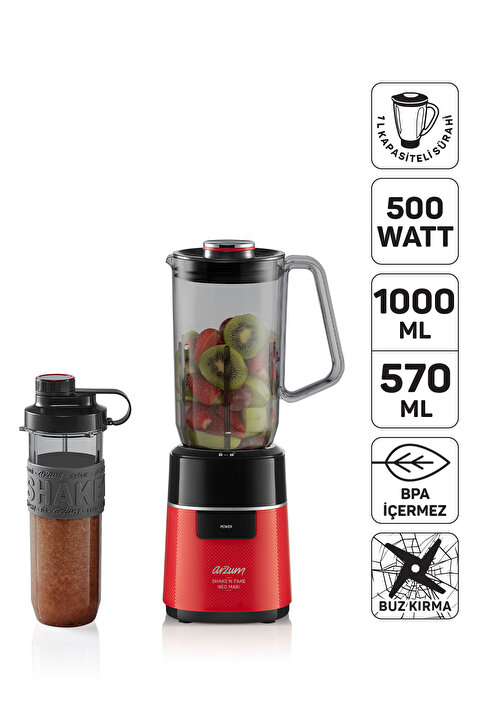 Arzum Shake'N Take Neo Maxi Sürahi Blender 1L Sürahi ve 570ml Şişe 500W Kırmızı - AR1174-K