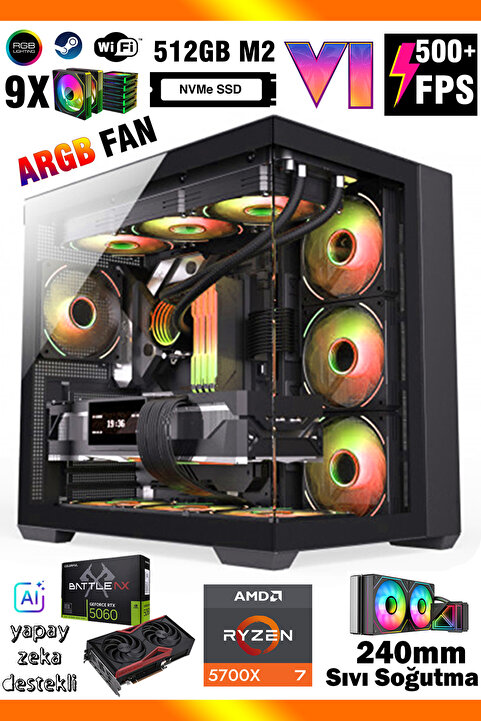 Zeiron Mirage X32 Ryzen 7 5700X 16GB 512GB SSD 8GB RTX5060 Sıvı Soğutmalı Masaüstü Oyun Bilgisayarı