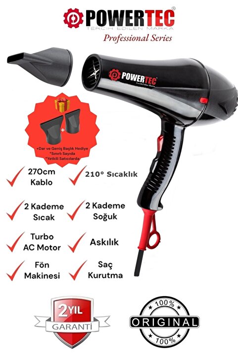 Powertec TR-901 Turbo Profesyonel 2500W Fön Makinesi & Saç Kurutma Makinesi