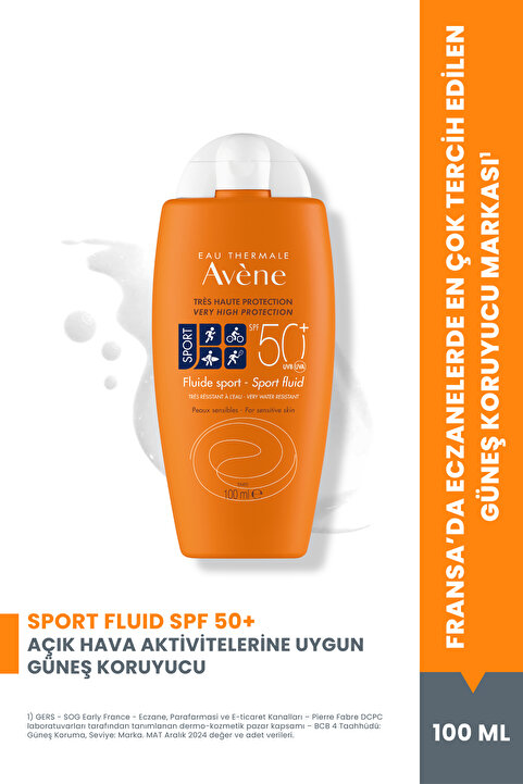 Avene Sport Fluid SPF 50+ Spor Yapanlar için Suya ve Tere Dayanıklı Güneş Kremi 100 ml