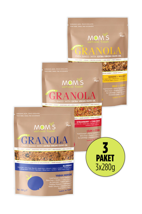 Mom's Natural Foods 3'LÜ GRANOLA MUZ-CEVİZ 280 G / YABAN MERSİNİ 280 G / ÇİLEK-CHIA 280 G